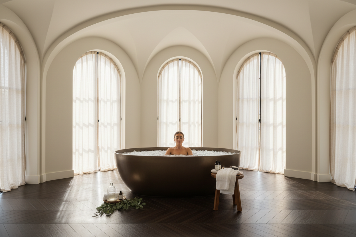 Generate a banner image suitable for a premium online store, but with natural lighting. Feature a photorealistic "Luxury" vibe of a modern architetural high end light and welcomign relaxing wellness room with a dark wood parwut flooring highe celiing and arched windows with balkcdetails and linens curtains and cream walls and an oval metal ice plunge with ice inside with a woman in it as the clear focus. The surrounding scene, mood, and setting should be designed entirely around the product