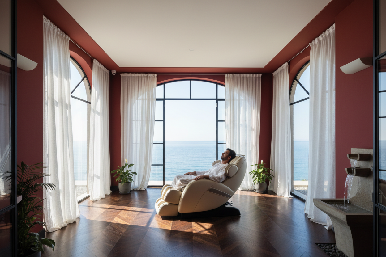 Generate a banner image suitable for a premium online store, but with natural lighting. Feature a photorealistic "Luxury" vibe of a modern architetural high end light and welcomign relaxing wellness half covered room sea view with a dark wood parwut flooring highe celiing and arched windows with balkcdetails and linens curtains and dark red walls and a massage chair with a man init as the clear focus. 